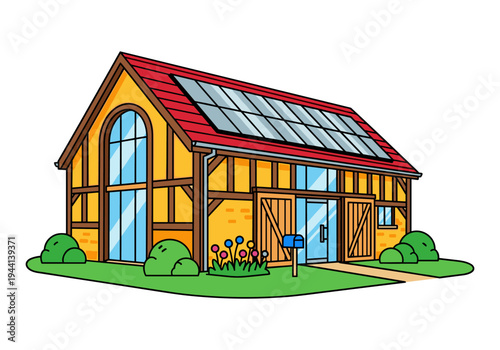 Cartoon barn with solar panels on the roof and large windows