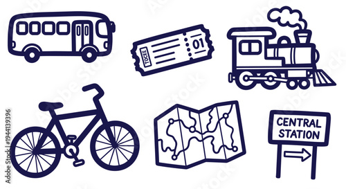 Travel transportation icons bus train bicycle map and station sign simple line art
