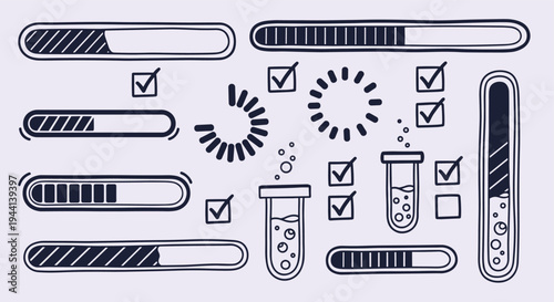 Collection of loading bars progress indicators and checkmarks on light background