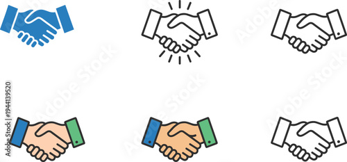 Cartoon handshake icons in colorful and outline styles symbolizing agreement, partnership, and business collaboration design