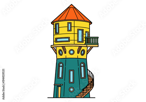 Whimsical cartoon water tower with a conical orange roof and a balcony