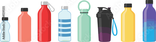 Cartoon lineup of colorful water bottles in diverse shapes and designs for hydration and lifestyle illustration