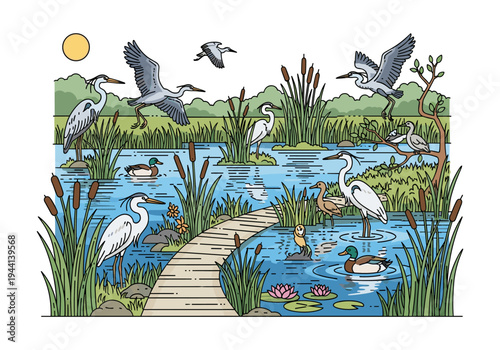 Diverse wetland birds including herons and ducks gather in a vibrant marsh scene