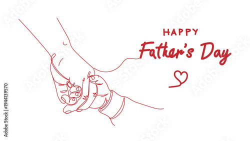 Happy fathers day greeting card with hand holding babys hand in red line art