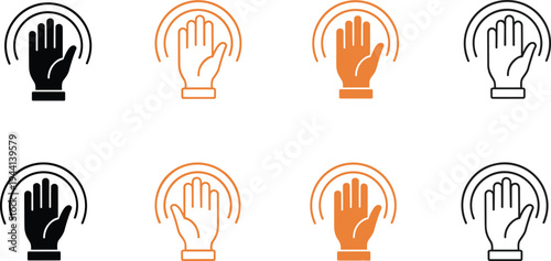 Cartoon open hand icons in black and orange styles symbolizing gesture, touch, and communication design