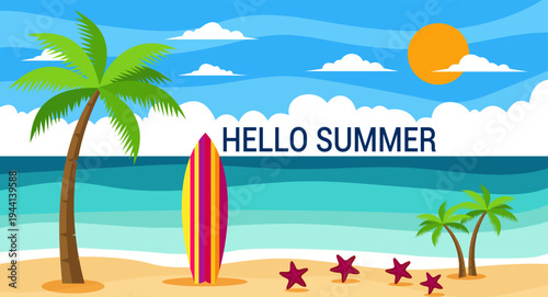 A colorful beach scene with a surfboard and palm trees on a sunny day with hello summer text