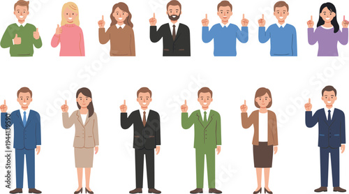 Cartoon people in casual and business attire raising fingers and giving thumbs‑up in instructional gesture design