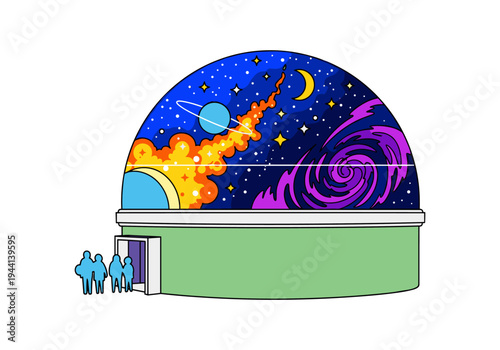 People gather outside an observatory dome displaying a vibrant, stylized view of outer space