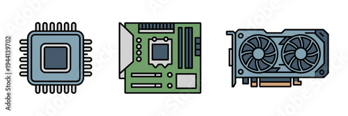 Computer hardware icons with CPU and motherboard - Ideal for IT services.