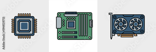 Tech hardware vector set with GPU and processor - Great for gaming sites.