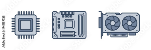 Minimalist computer hardware icons in blue gray - Suitable for manuals.