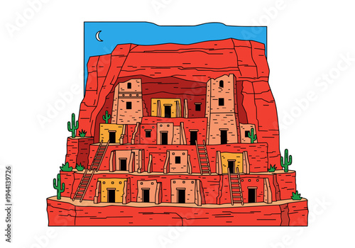Cliff dwelling with multiple levels and ladders, set against a red rock canyon wall