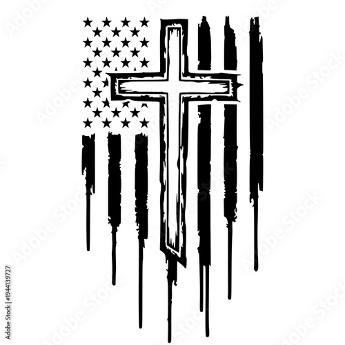 Religious Christian Cross With American Flag Texture, Patriotic Faith Symbols, USA Patriotic Cross Design, Distressed Flag Cross Clipart