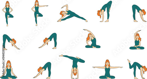 Cartoon woman practicing diverse yoga poses including balance, strength, and flexibility in wellness and mindfulness design