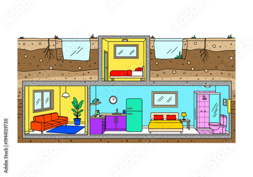 Cross-section of a multi-level underground home with colorful rooms and exposed soil layers