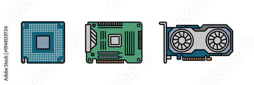 Hardware component icons with motherboard and GPU - Perfect for tech ads.