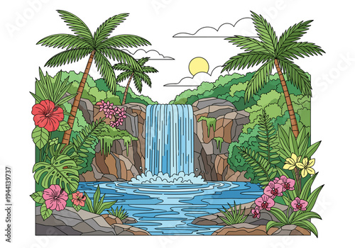 Vibrant tropical waterfall scene with lush foliage, palm trees, and exotic flowers