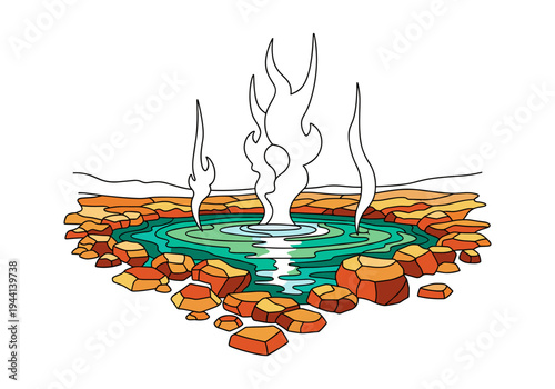 Stylized illustration of a geothermal hot spring with steam rising from the water