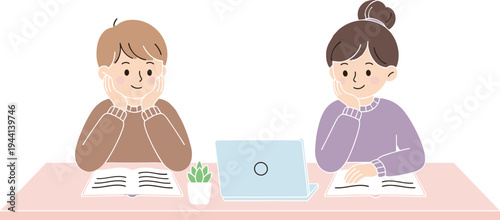 Cartoon students studying together with books, laptop, and plant in cheerful teamwork and learning design