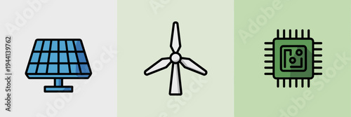 Renewable energy icons with solar panel and wind turbine - Ideal for ESG.