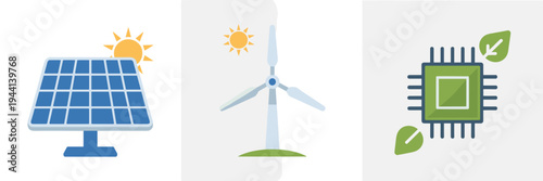 Green energy technology icons with solar and wind power - Great for eco.