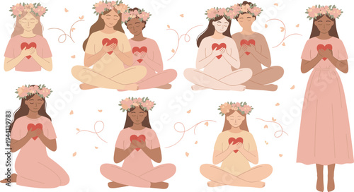   
Cartoon people holding red hearts with floral crowns in peaceful unity and mindfulness celebration design