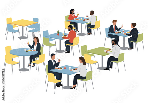 Diverse group of people enjoying lunch breaks in a modern office cafeteria setting