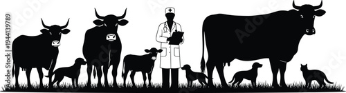 Veterinary doctor with cows dogs and cat silhouette set for farm animal healthcare cad drawing flat vector illustration