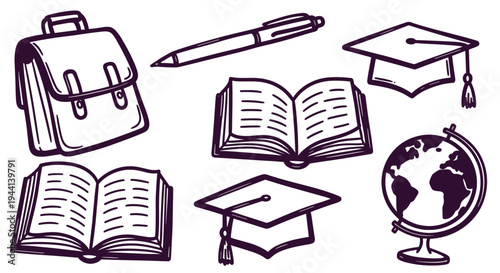 Education and Learning Concept Icons with Books Graduation Caps Globe and Satchel
