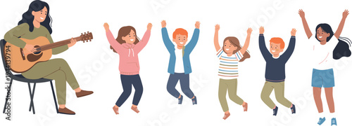 Cartoon woman playing guitar with children dancing and jumping in joyful music and education design