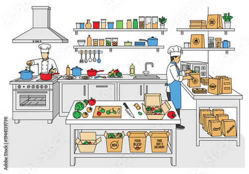 Chefs preparing food and packing orders in a busy commercial kitchen for delivery