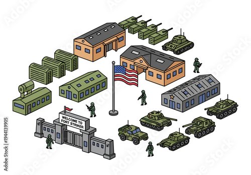 Isometric military base with tanks, buildings, and soldiers in a cartoon style