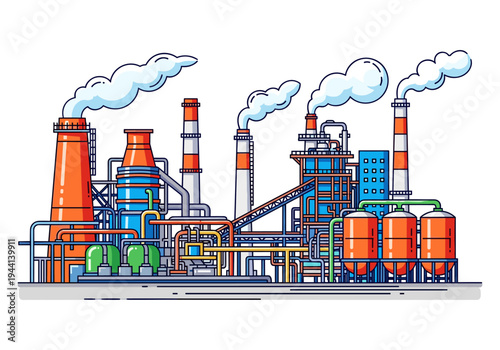 Modern industrial factory with smoking chimneys and complex pipe systems, vector illustration