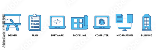 BIM icon set illustration contain design, plan, software, modeling, computer, information and building.