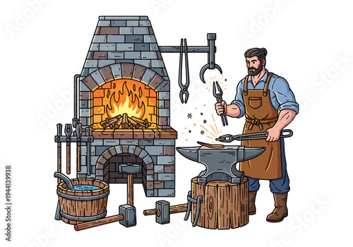 Blacksmith working with hot metal at a forge, sparks flying, creating art