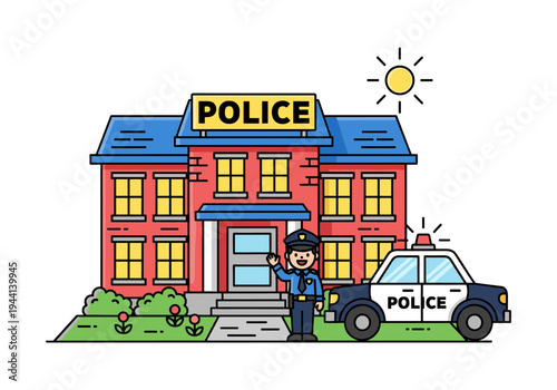 Friendly police officer waving outside station with patrol car and sunny sky