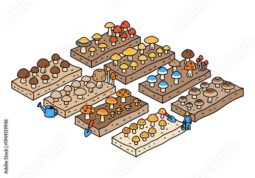 Cartoon mushroom farm with various fungi growing in neat rows on soil beds