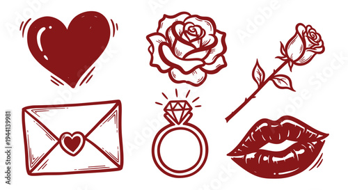 Romantic Symbols Collection Heart Rose Ring Envelope Lips Kiss Love Icons