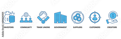 Stakeholder icon set illustration contain investors, community, trade unions, government, suppliers, customers and creditors.
