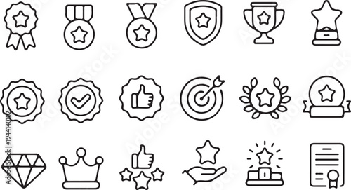 hand drawn award medal certificate outline icons set vector illustration design collection art