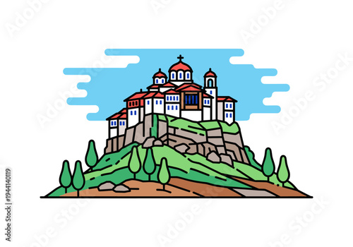 Stylized illustration of a monastery perched atop a rocky, green hill under a blue sky