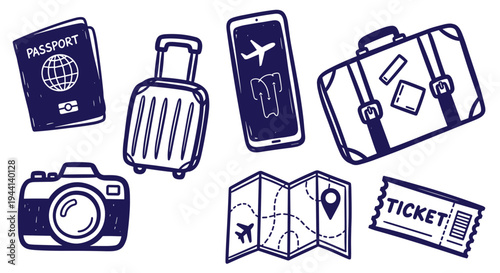 Travel Essentials Collection Passport Camera Suitcase Map Ticket and Smartphone Icons
