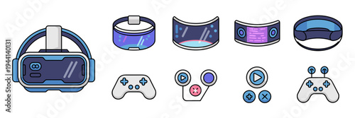 Virtual reality headset and controller icons – Ideal for VR gaming blogs, immersive tech news, or headset user guides.