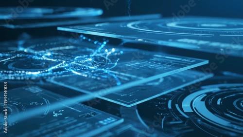 Futuristic digital interface with glowing blue data streams holographic screens, for big data analysis, artificial intelligence, complex system management, technological innovation