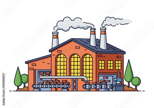 Modern factory building with smokestacks emitting smoke and a conveyor belt system