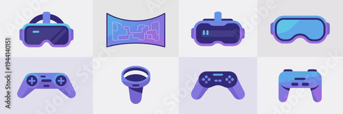 VR headset and interactive technology icons – Suitable for immersive media ads, tech tutorials, or virtual world apps.
