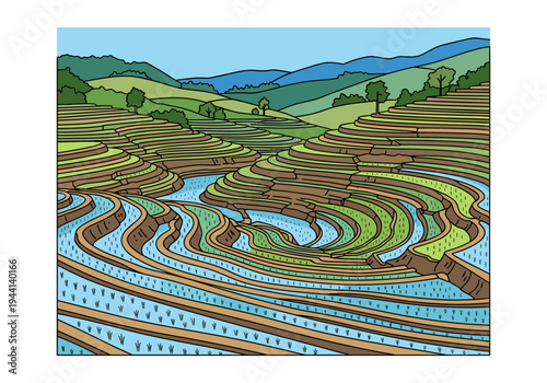 Colorful terraced rice paddies against a scenic backdrop of hills