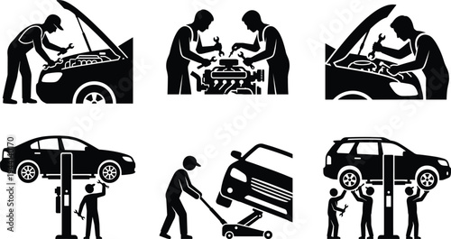 Professional Car Repair and Auto Mechanic Icon Set Featuring Mechanics Fixing Engines Lifting Vehicles and Automotive Maintenance Silhouettes