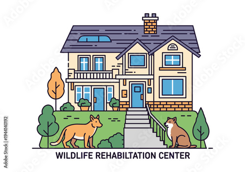 Illustration of a wildlife rehabilitation center with two dogs outside a house