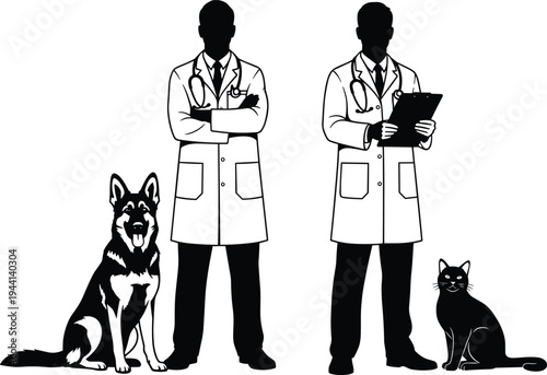 Veterinary doctors with dog and cat silhouette set for pet healthcare clinic and medical services cad drawing flat vector illustration